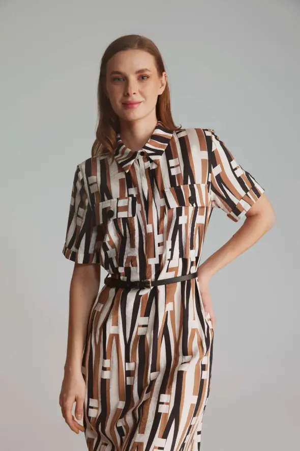 Stick Pattern Shirt Dress - Brown - 2