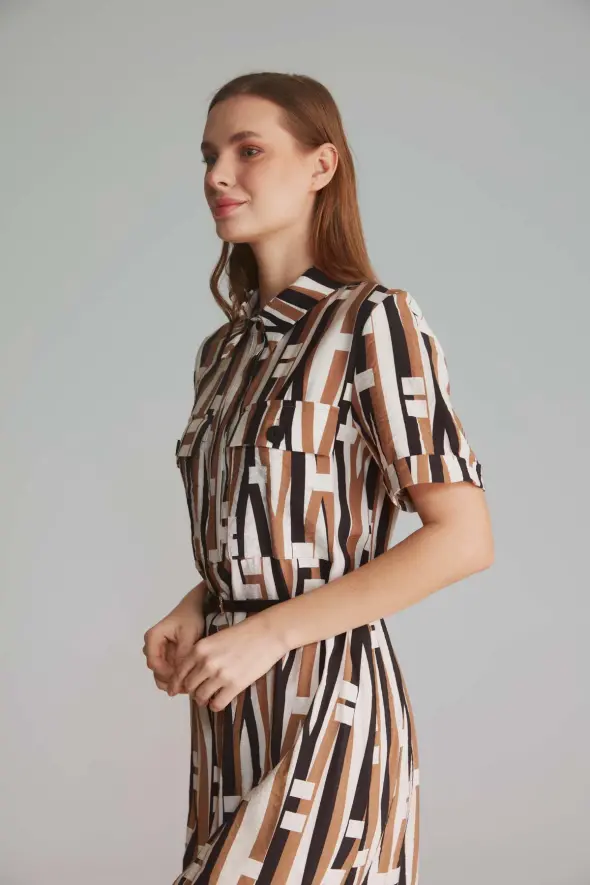 Stick Pattern Shirt Dress - Brown - 3