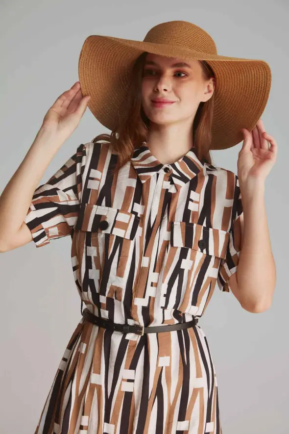 Stick Pattern Shirt Dress - Brown - 4
