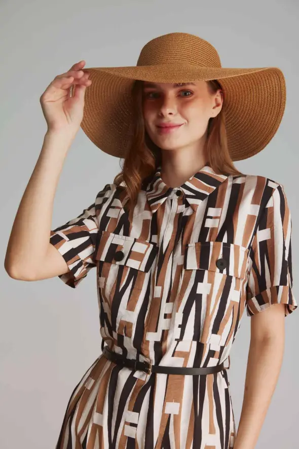 Stick Pattern Shirt Dress - Brown - 5