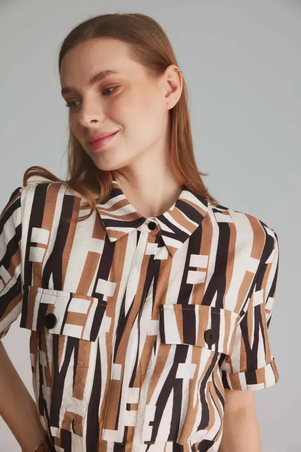Stick Pattern Shirt Dress - Brown - 6