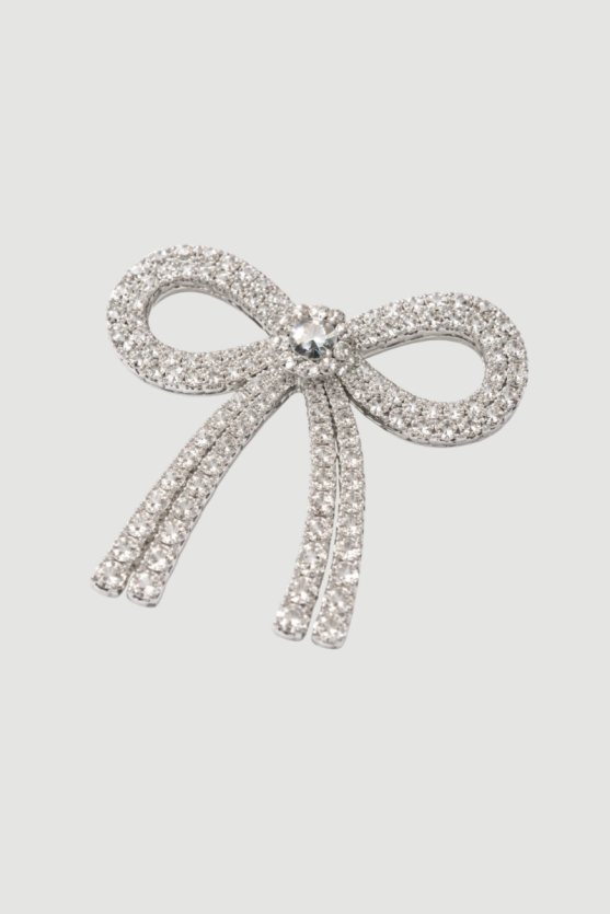 Stone-Embellished Bow Brooch – Silver - 1