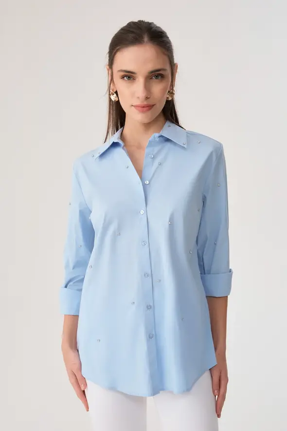Stone Embellished Cotton Shirt - Baby Blue - 1