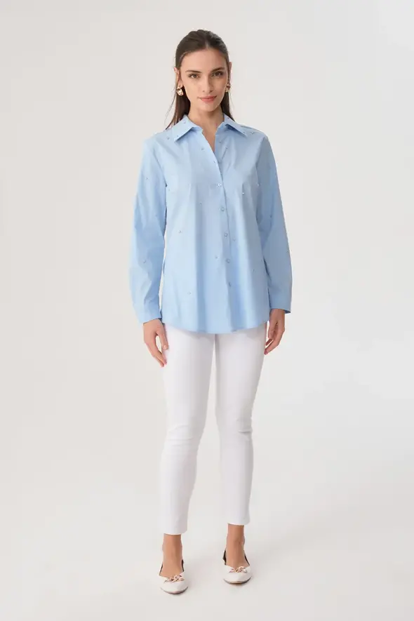 Stone Embellished Cotton Shirt - Baby Blue - 2