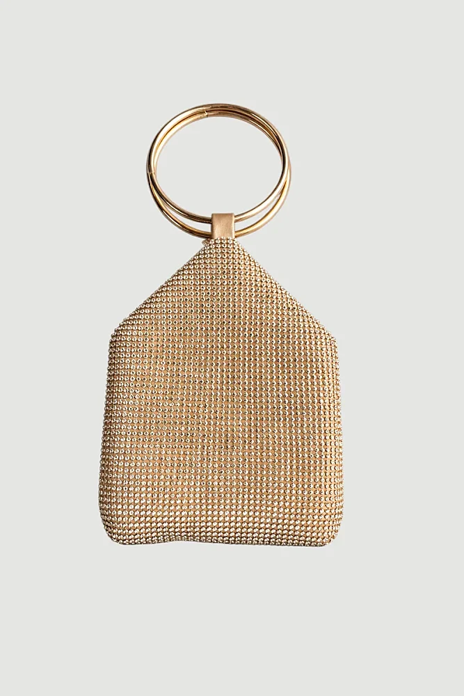 Stone Embellished Evening Bag with Metal Accessories - Gold
