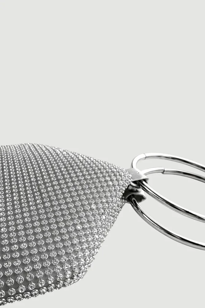 Stone Embellished Evening Bag with Metal Accessories - Silver - Gusto (1)