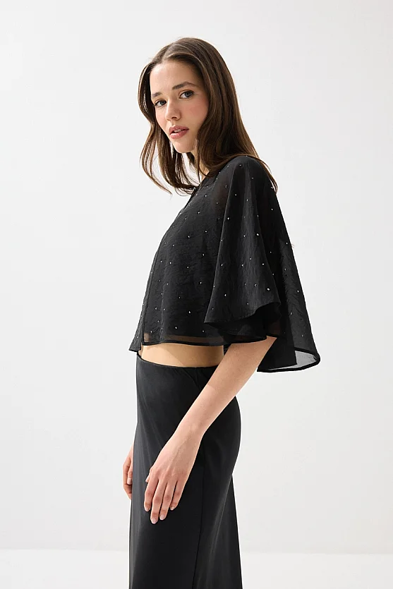 Stone Embellished Rayon Chiffon Bolero - Black - Gusto