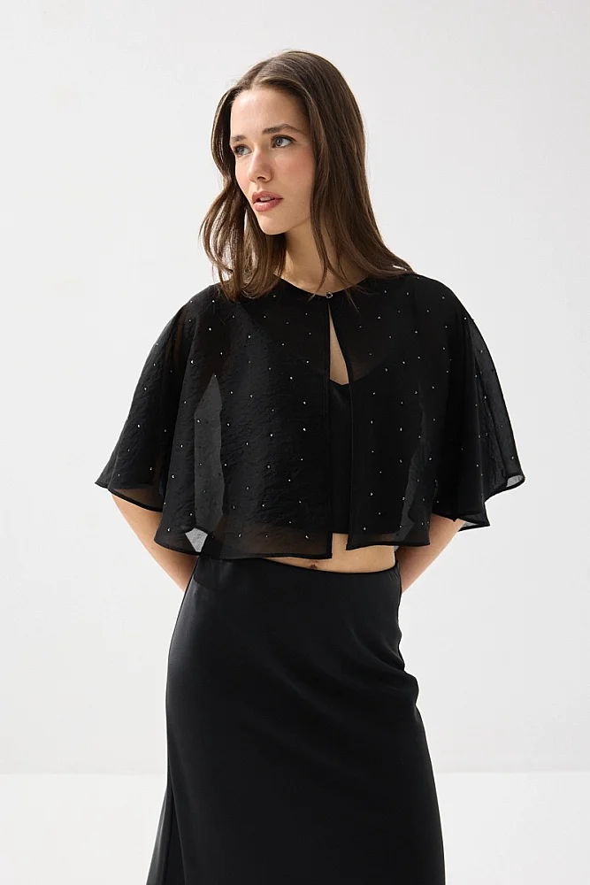 Stone Embellished Rayon Chiffon Bolero - Black Black