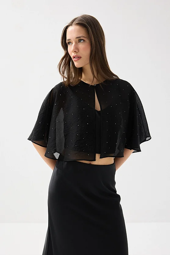 Stone Embellished Rayon Chiffon Bolero - Black - 1