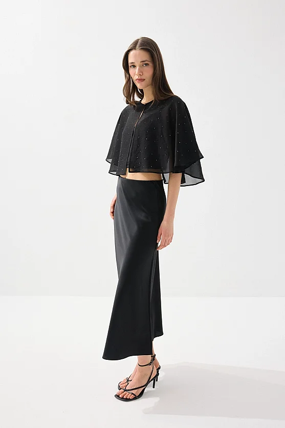 Stone Embellished Rayon Chiffon Bolero - Black - 2