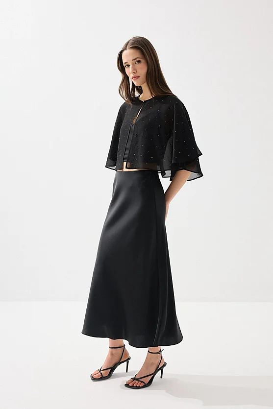 Stone Embellished Rayon Chiffon Bolero - Black - Gusto