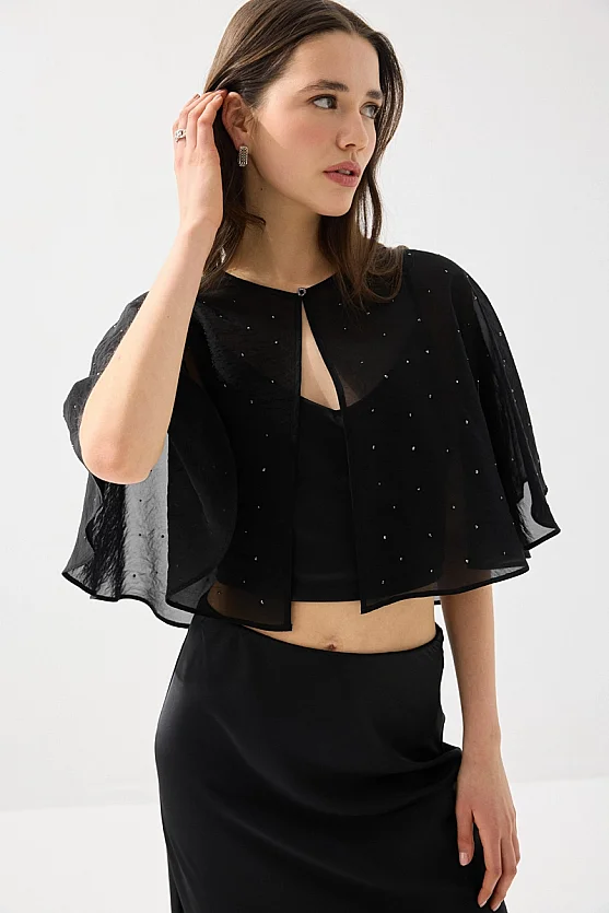 Stone Embellished Rayon Chiffon Bolero - Black - Gusto
