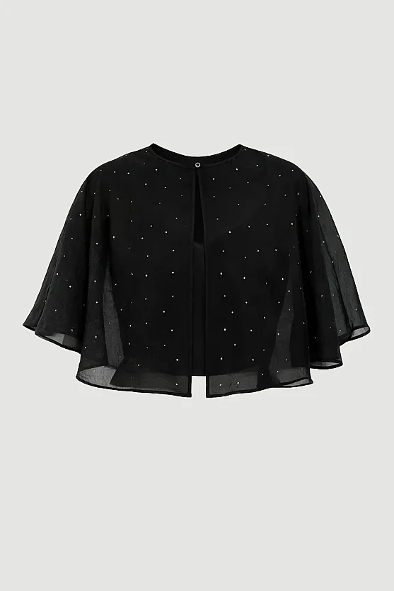Stone Embellished Rayon Chiffon Bolero - Black - 7