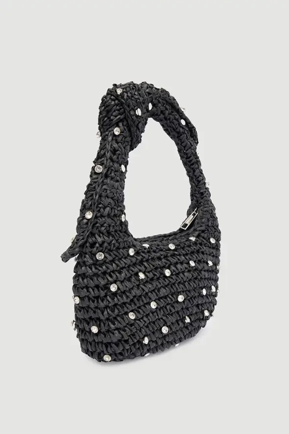 Stone-Embellished Straw-Look Bag - Black - 5