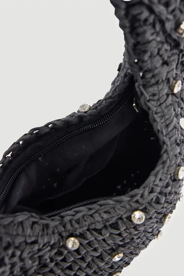 Stone-Embellished Straw-Look Bag - Black - 4