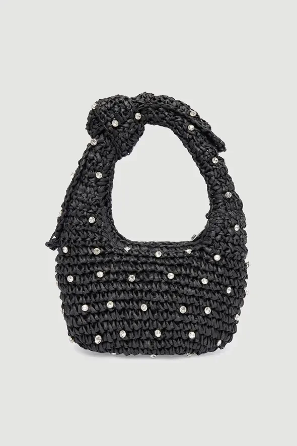 Stone-Embellished Straw-Look Bag - Black - 3