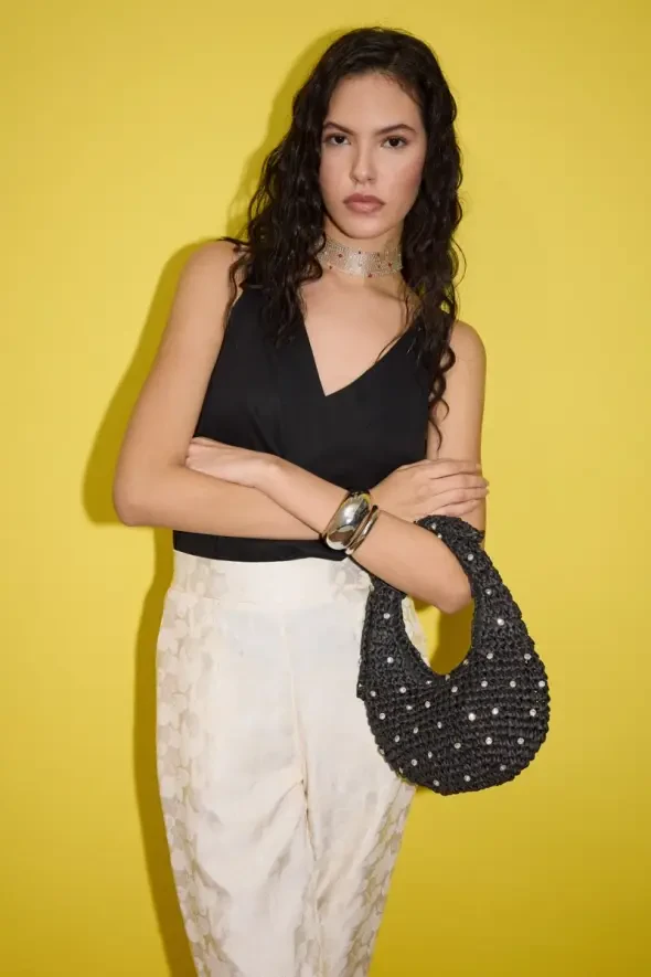Stone-Embellished Straw-Look Bag - Black - 1