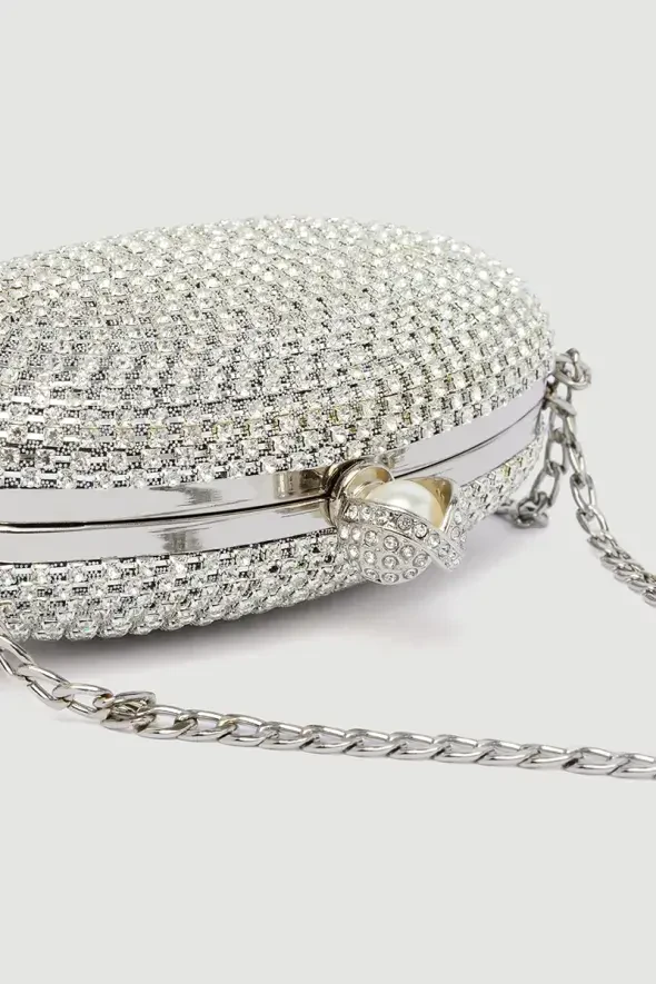 Stone Embroidered Clutch Bag - White - 3