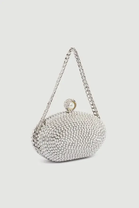 Stone Embroidered Clutch Bag - White - 1