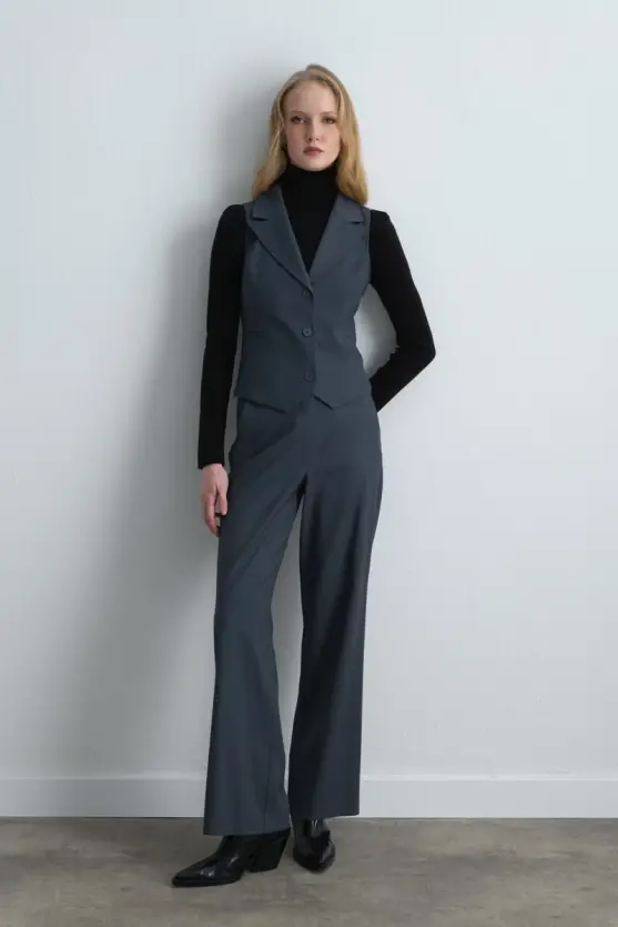 Straight Leg Fabric Pants - Navy Blue - 2