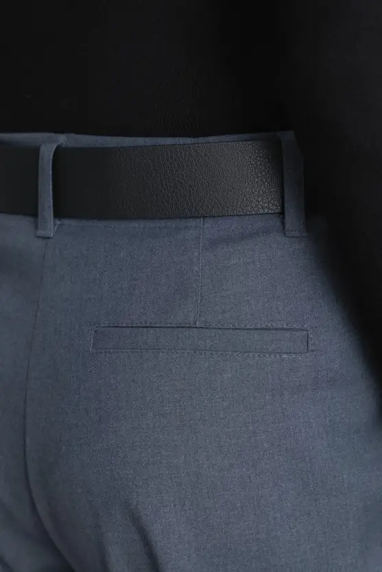 Straight Leg Fabric Pants - Navy Blue - 5