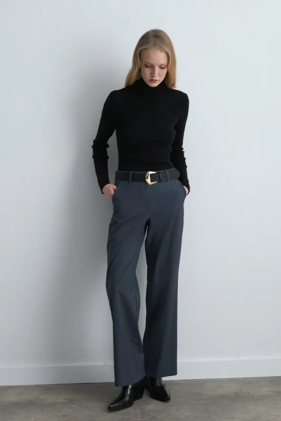 Straight Leg Fabric Pants - Navy Blue - Gusto