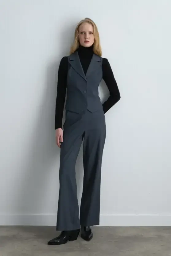 Straight Leg Fabric Pants - Navy Blue - 2