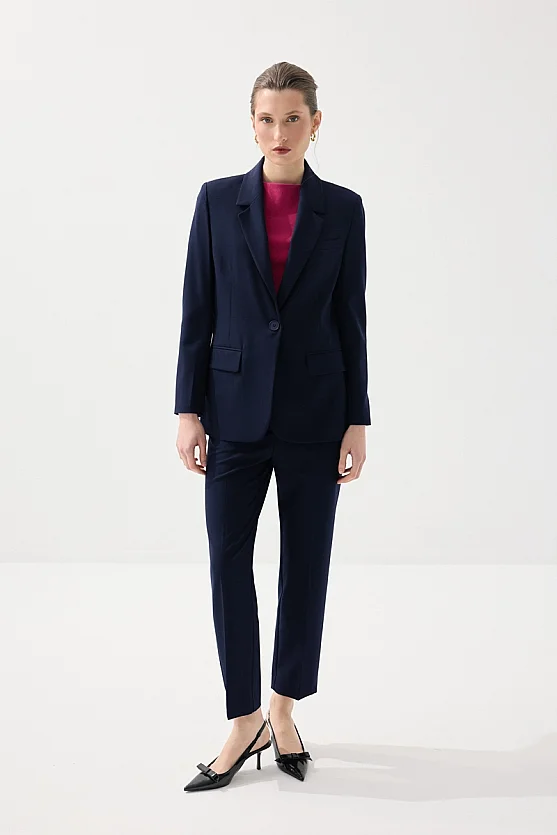 Straight-Leg Fabric Pants - Navy Blue - 1