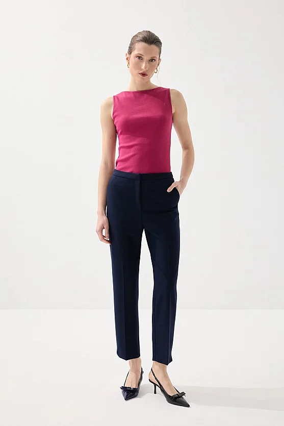 Straight-Leg Fabric Pants - Navy Blue - Gusto