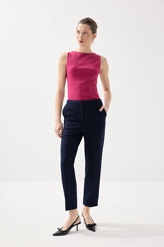 Straight-Leg Fabric Pants - Navy Blue - Gusto