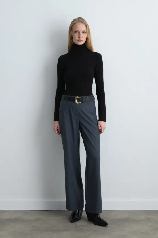 Straight Leg Fabric Pants Navy Blue - 3