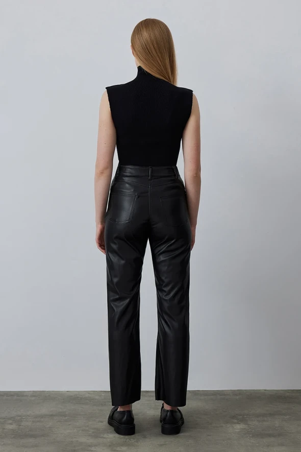 Straight Leg Leather Pants - Black - 4