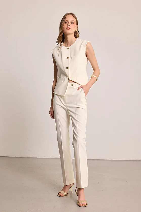 Straight Leg Linen Blend Trousers - Ecru - Gusto