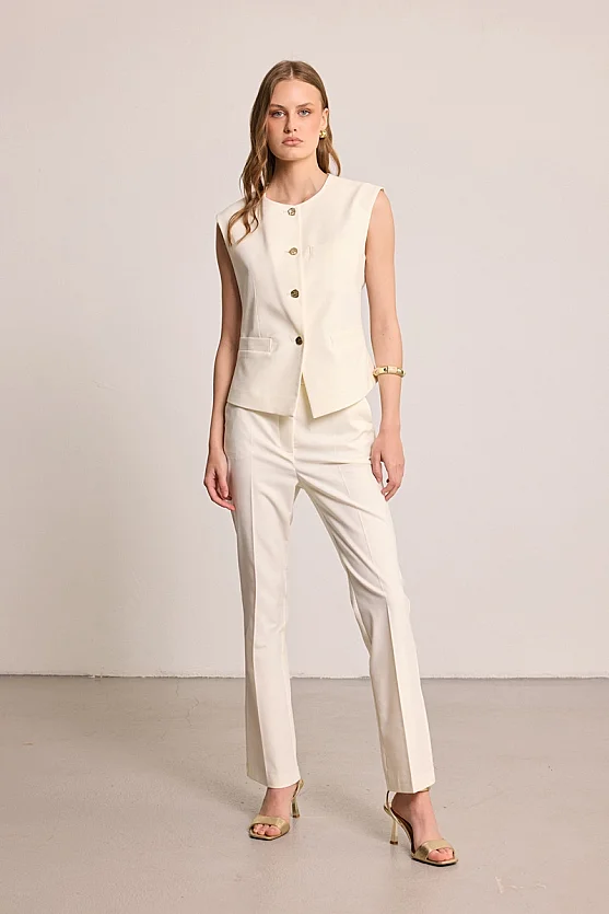 Straight Leg Linen Blend Trousers - Ecru - Gusto