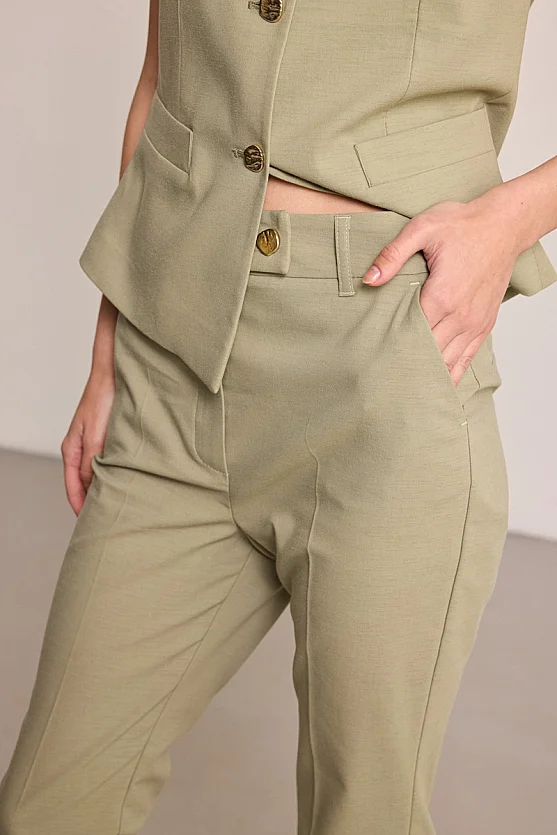 Straight Leg Linen Blend Trousers - Green - 2
