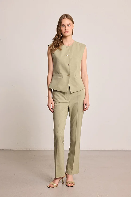 Straight Leg Linen Blend Trousers - Green - 1
