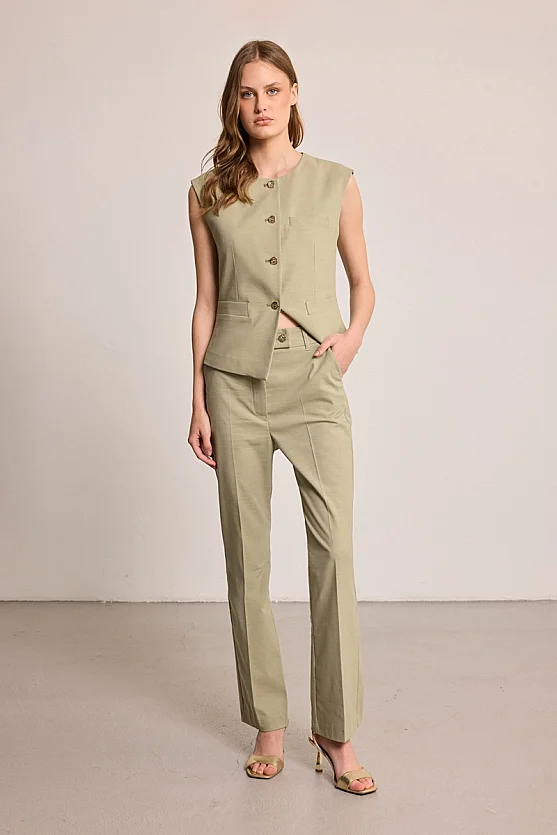 Straight Leg Linen Blend Trousers - Green - 4