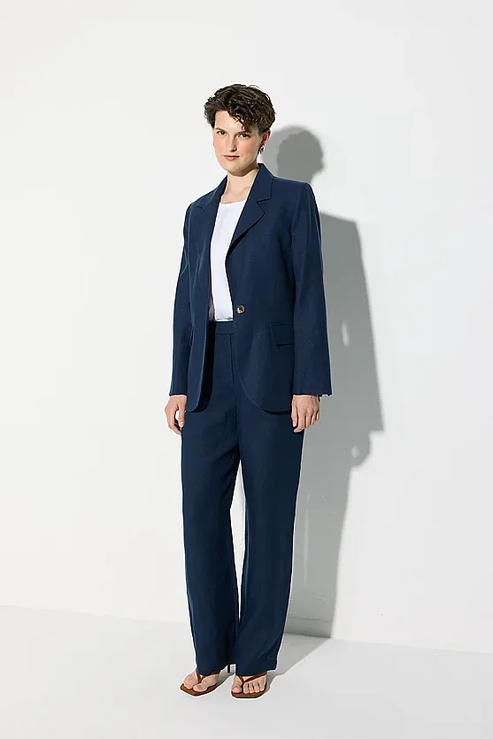 Straight Leg Linen Pants - Navy Blue - Gusto