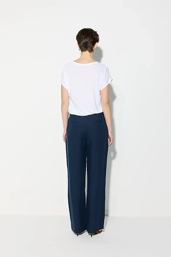Straight Leg Linen Pants - Navy Blue - Gusto