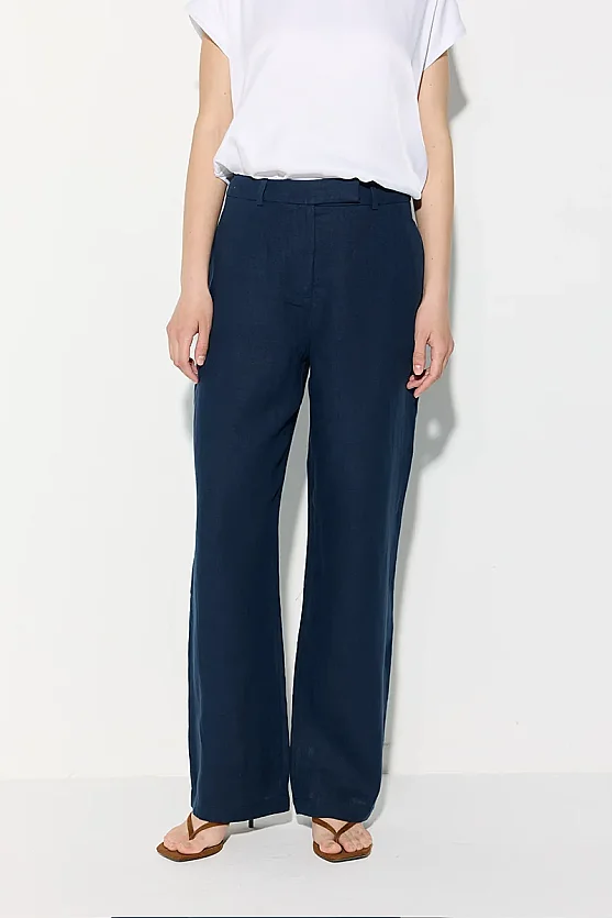 Straight Leg Linen Pants - Navy Blue - Gusto