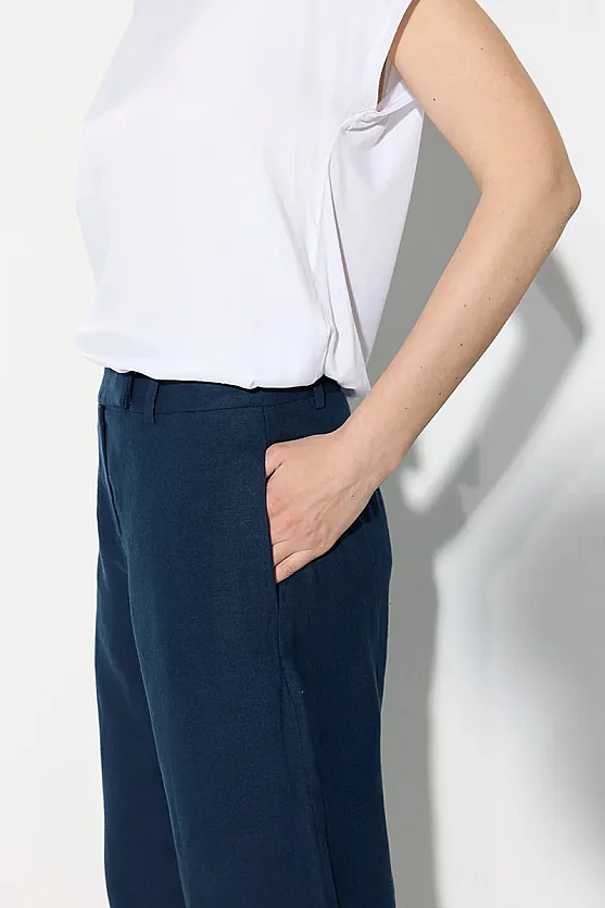 Straight Leg Linen Pants - Navy Blue - Gusto