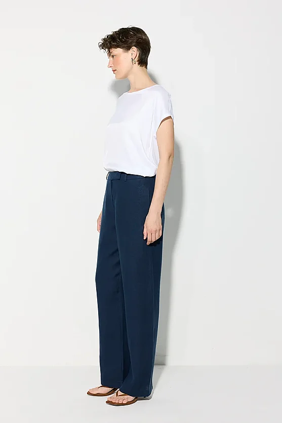 Straight Leg Linen Pants - Navy Blue - Gusto