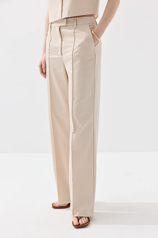 Straight Leg Pants with Pintuck Stitch Detail - Beige - Gusto