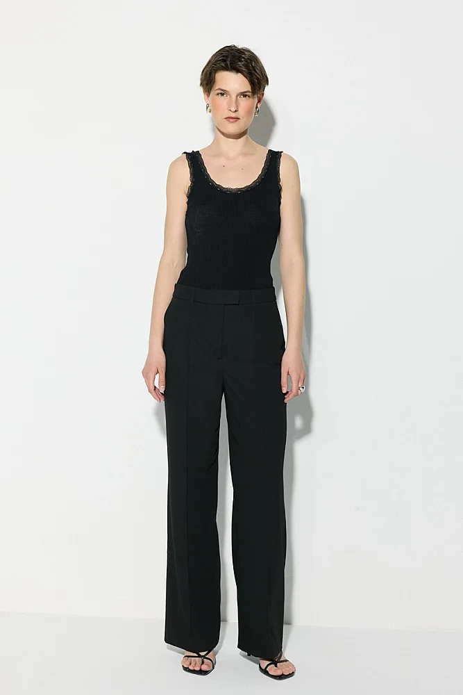 Straight Leg Pants with Pintuck Stitch Detail - Black Black