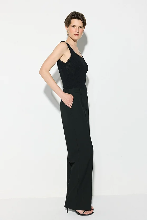 Straight Leg Pants with Pintuck Stitch Detail - Black - Gusto