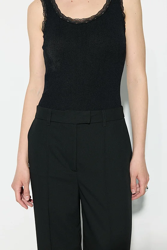 Straight Leg Pants with Pintuck Stitch Detail - Black - Gusto