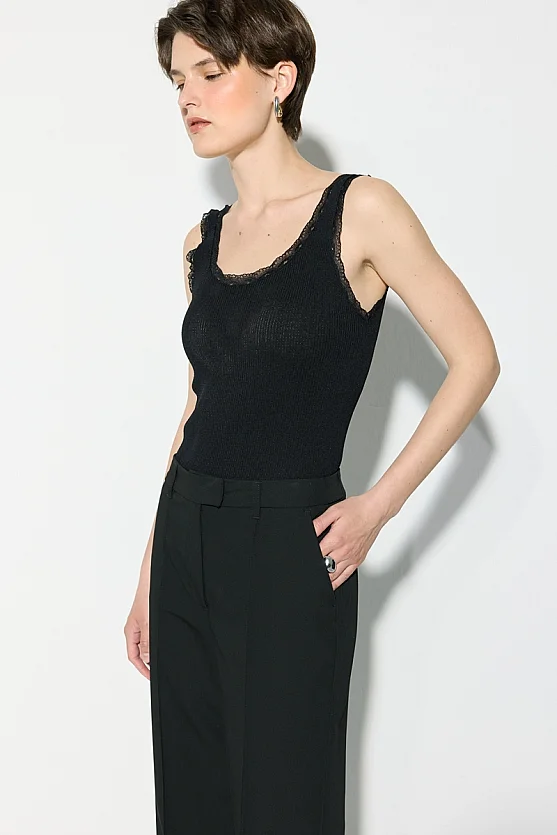 Straight Leg Pants with Pintuck Stitch Detail - Black - Gusto
