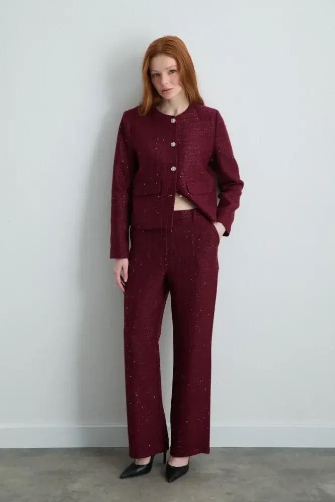 Straight-Leg Tweed Pants - Burgundy