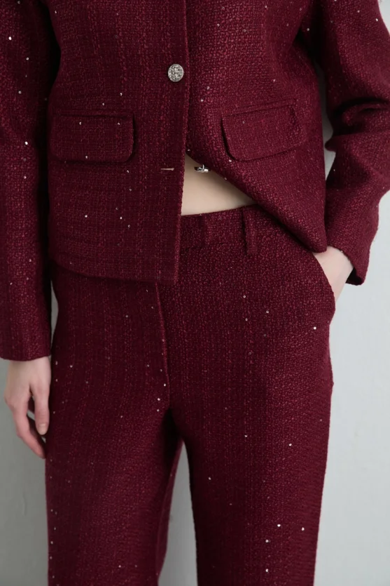 Straight Leg Tweed Pants Burgundy - 3