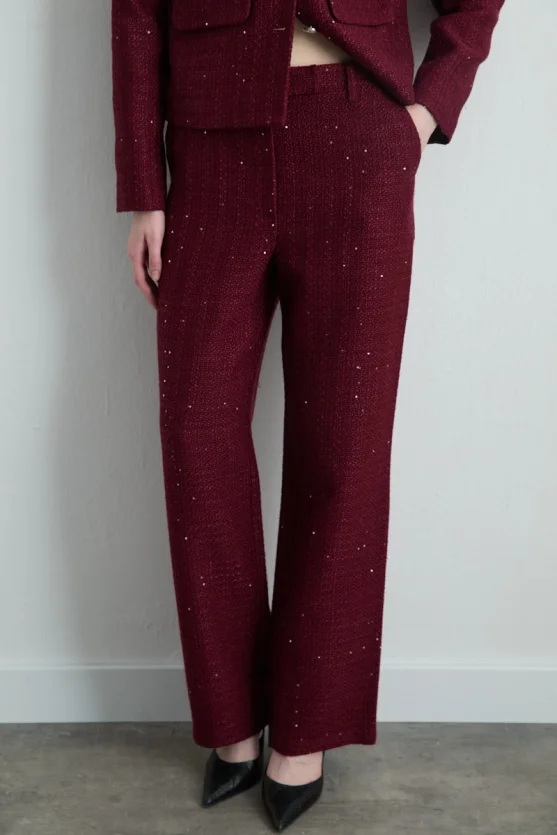 Straight Leg Tweed Pants Burgundy - 2